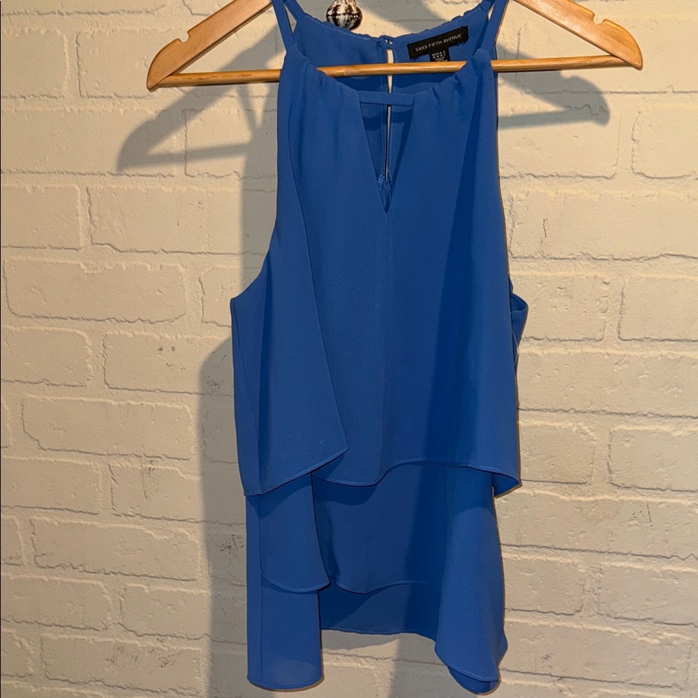 Saks Fifth Avenue blouse NEW steel Blue Layered Sleeveless Top keyhole back - Picture 2 of 8
